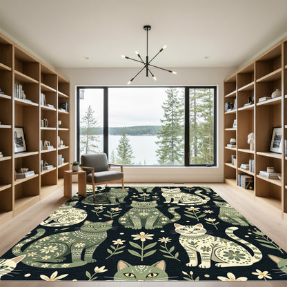 Sage Green Floral Folk Cat Illustration Rug