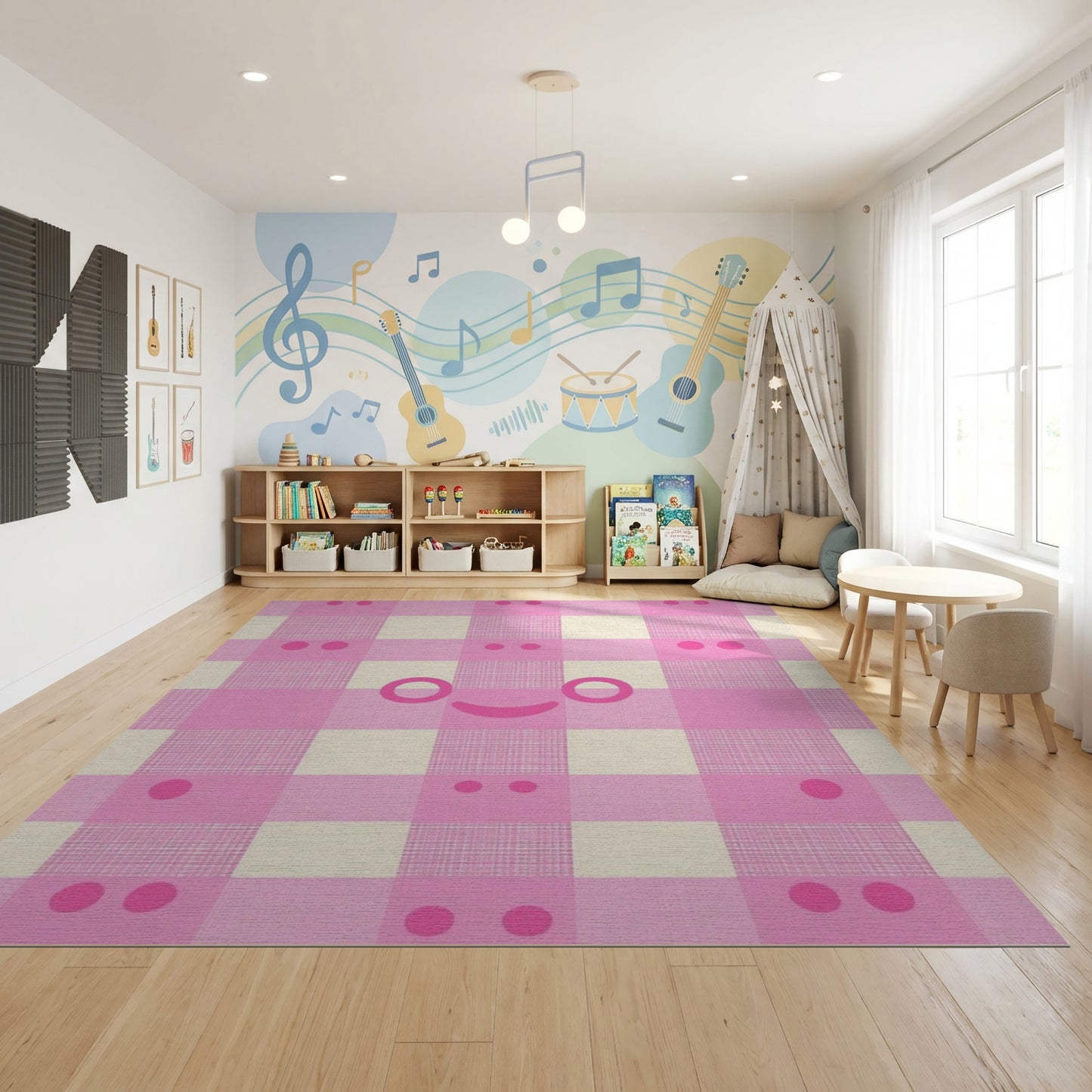 Pink White Gingham Kawaii Faces Rug