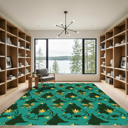 Dark Teal Festive Evergreen Tree Garland Rug