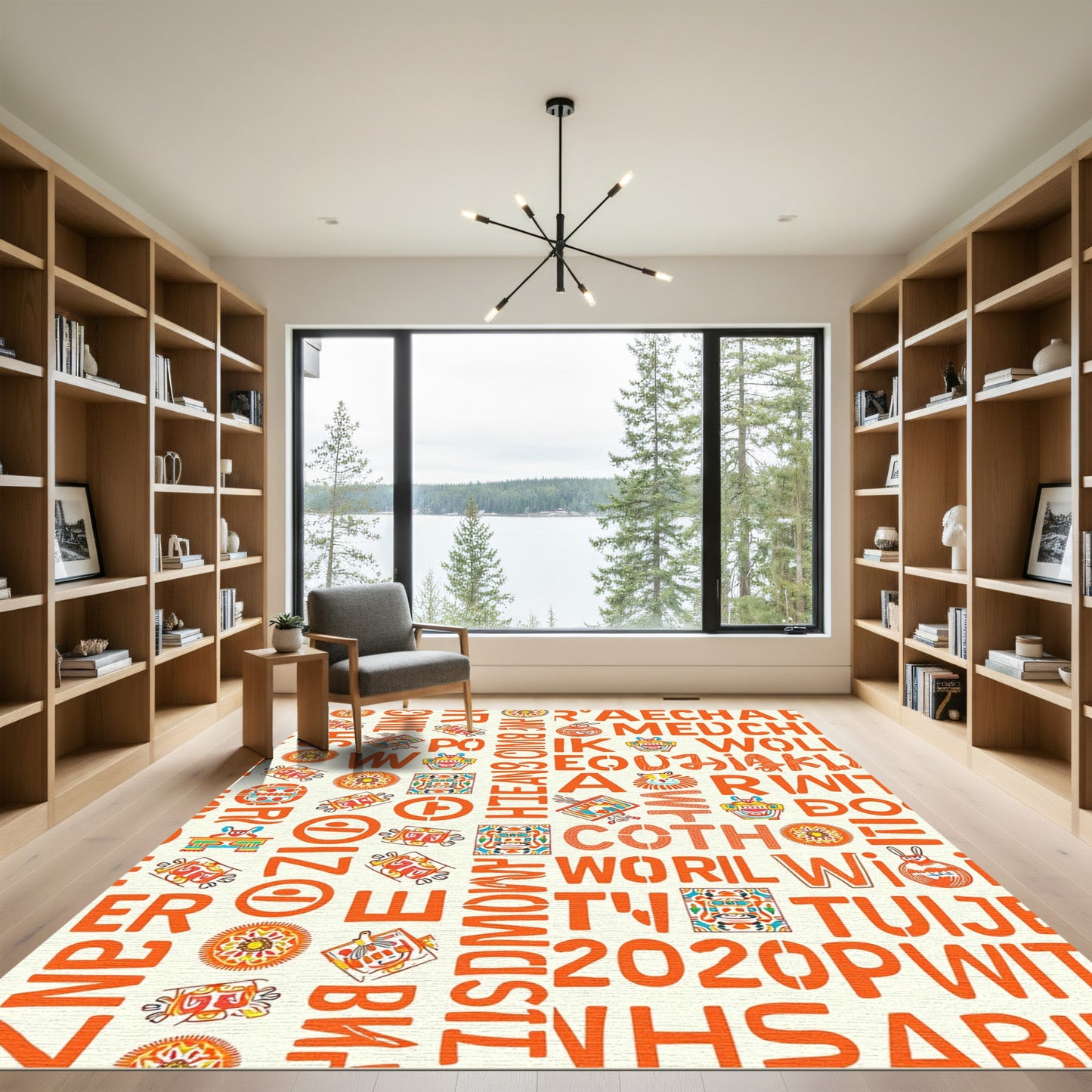 Orange Alphabet Characters Tribal Masks Rug