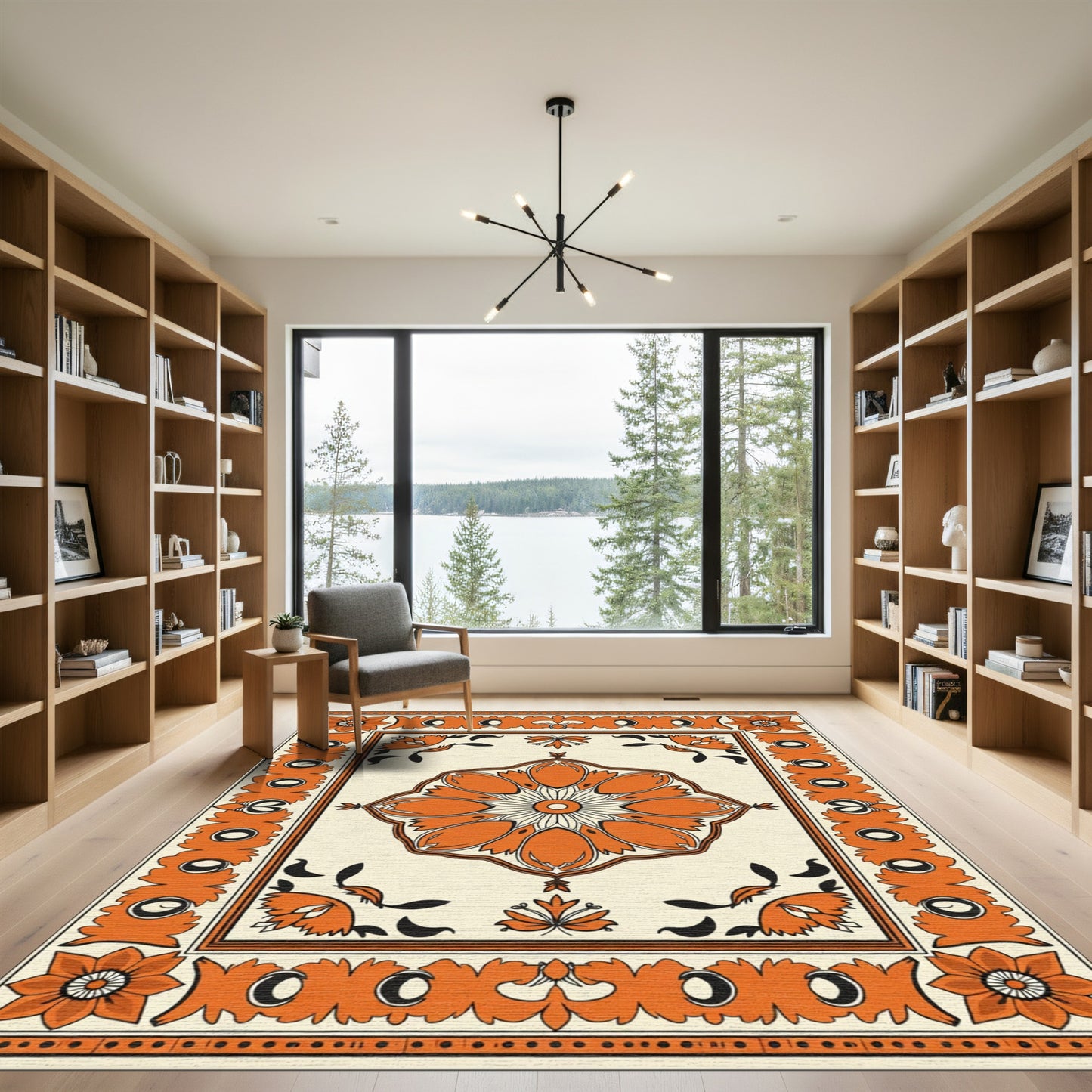 Orange Floral Medallion Border Rug