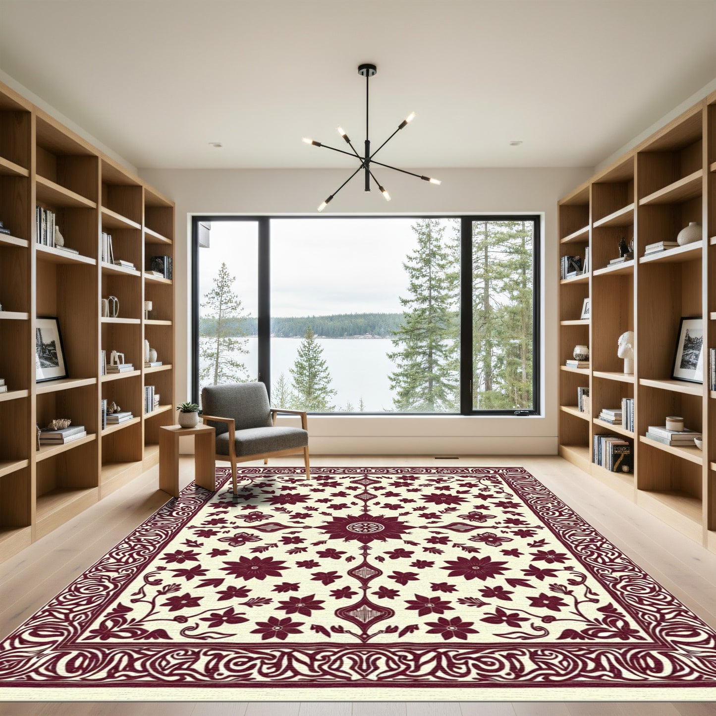 Deep Red Floral Meadow Border Rug