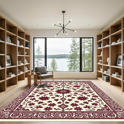 Deep Red Floral Meadow Border Rug