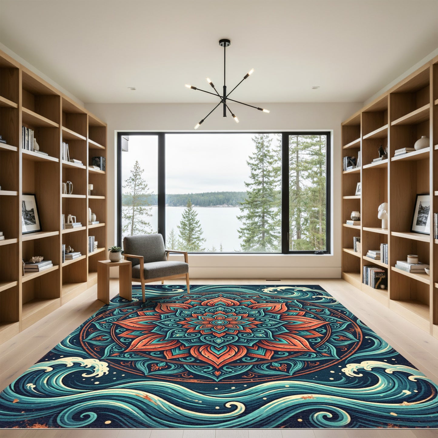 Teal and Coral Oceanic Lotus Mandala Rug