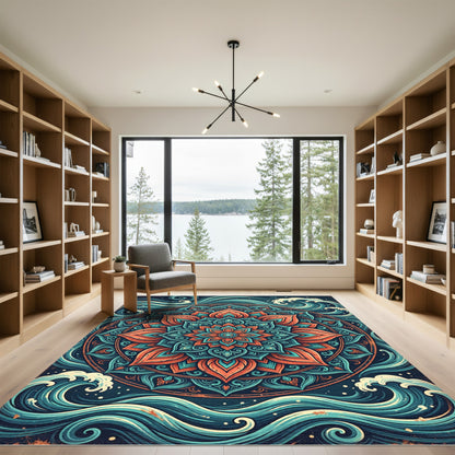Teal and Coral Oceanic Lotus Mandala Rug