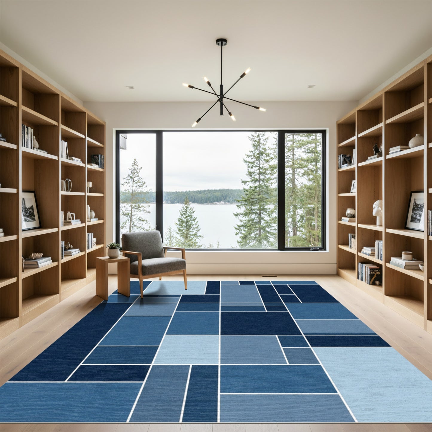 Deep Blue Geometric Block Abstraction Rug