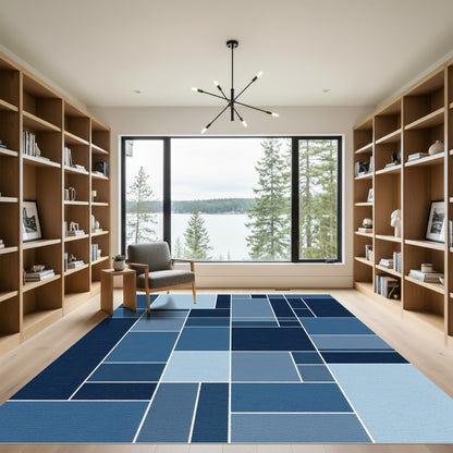 Deep Blue Geometric Block Abstraction Rug