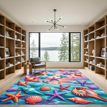 Vibrant Celestial Seashell and Starfish Horizon Rug