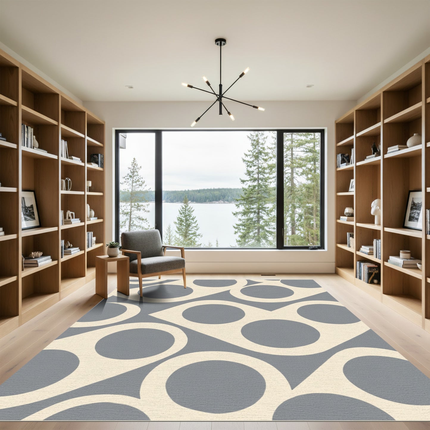 Gray Cream Wave Circle Composition Rug