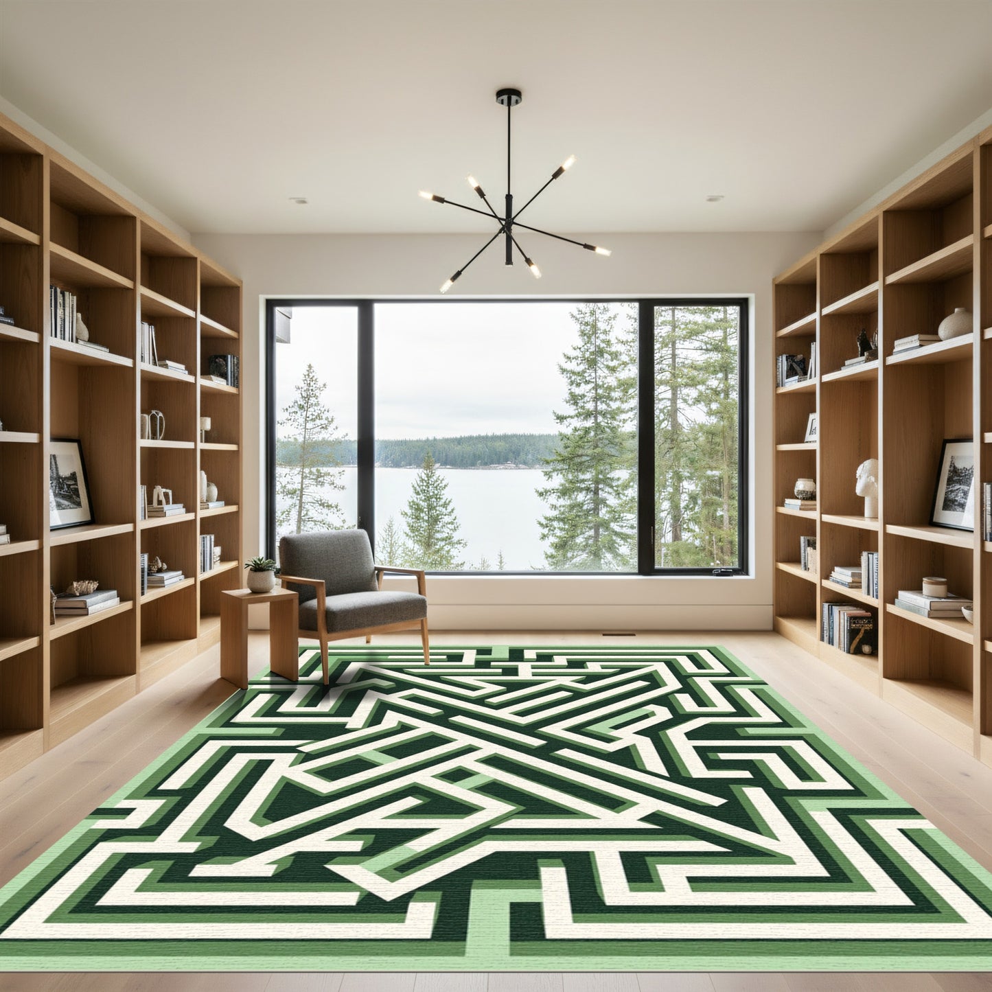 Geometric Forest Green Labyrinth Maze Rug
