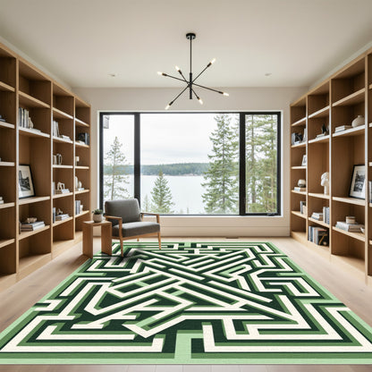 Geometric Forest Green Labyrinth Maze Rug