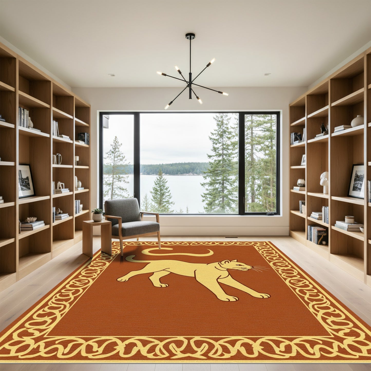 Golden Cat Outline Ornate Frame Rug