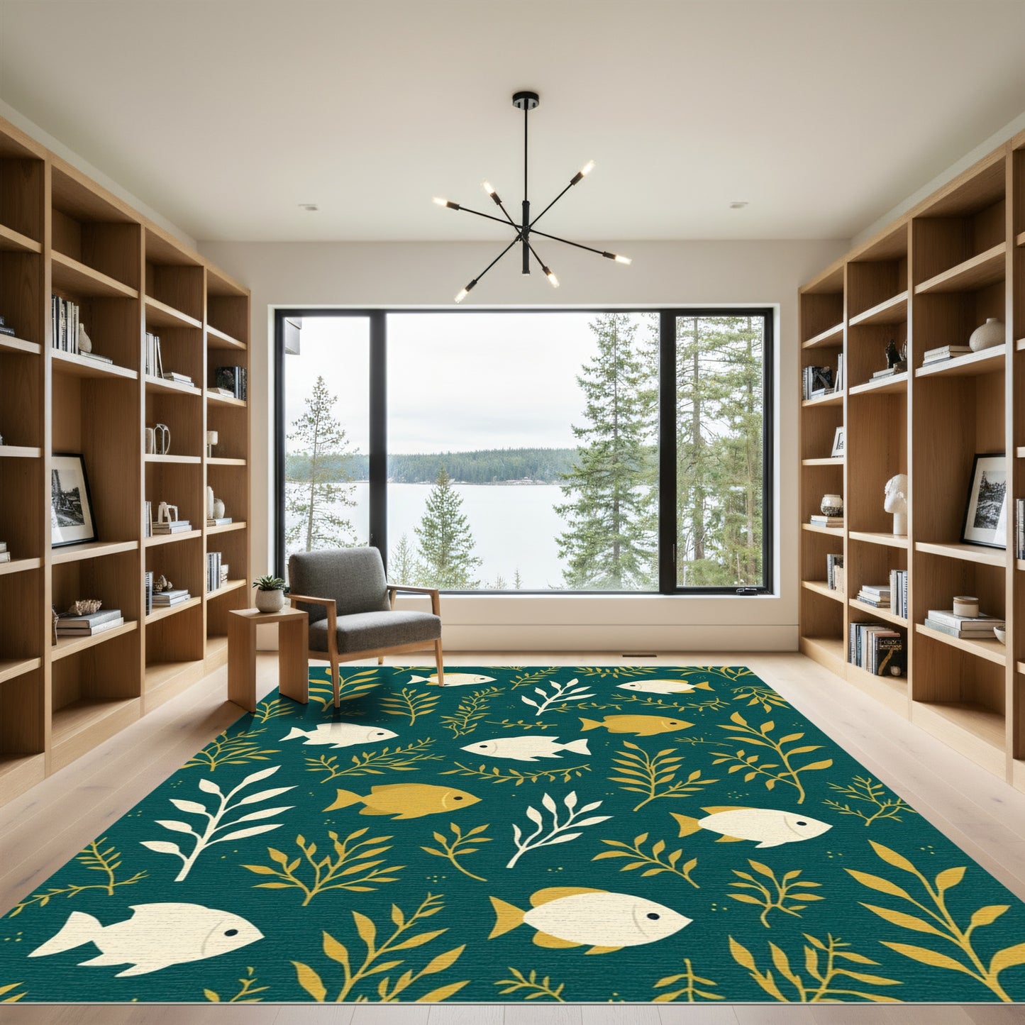 Golden Fish Aquatic Woodland Scene Rug