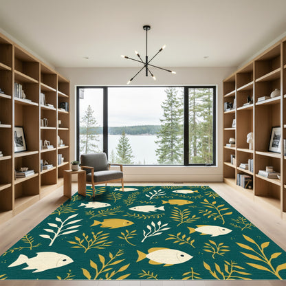 Golden Fish Aquatic Woodland Scene Rug