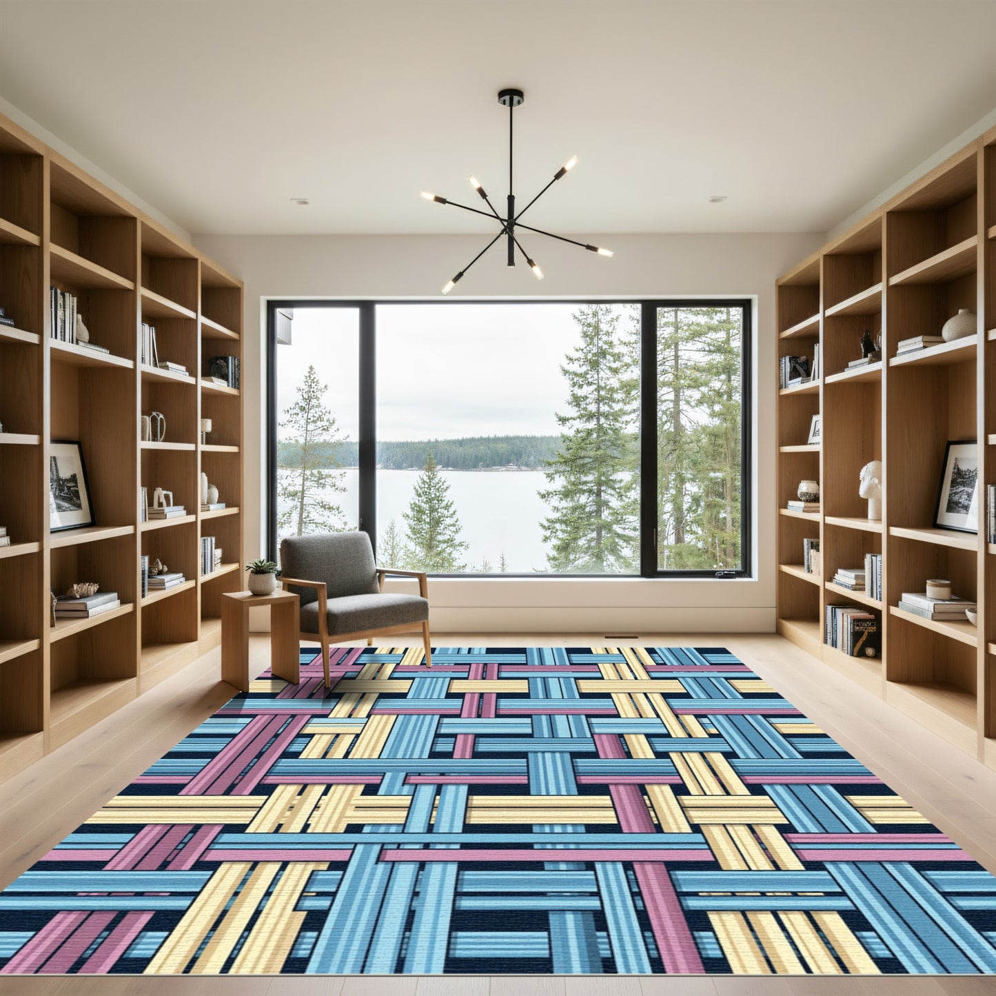 Woven Blue Pink and Cream Grid Rug