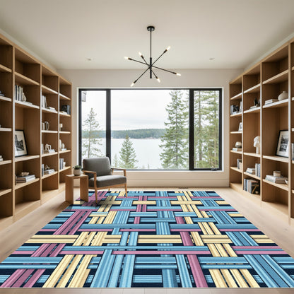 Woven Blue Pink and Cream Grid Rug