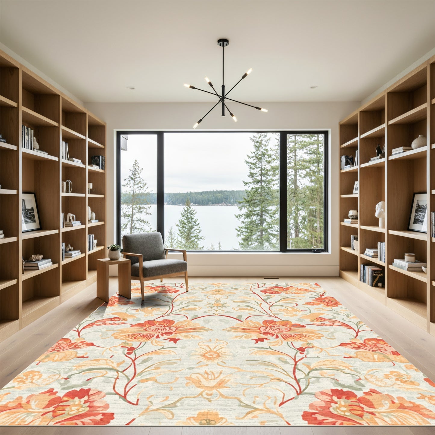 Coral Red Floral Garden Scroll Rug