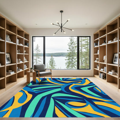 Abstract Blue Yellow Flowing Curves Rug