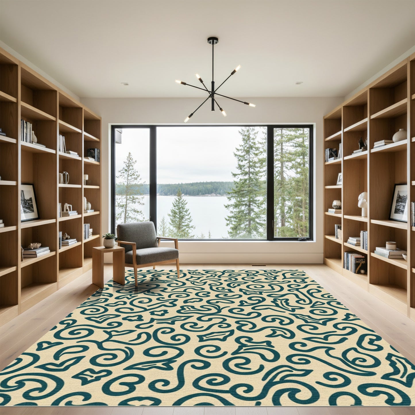Teal Swirl Leaf Contemporary Pattern Rug