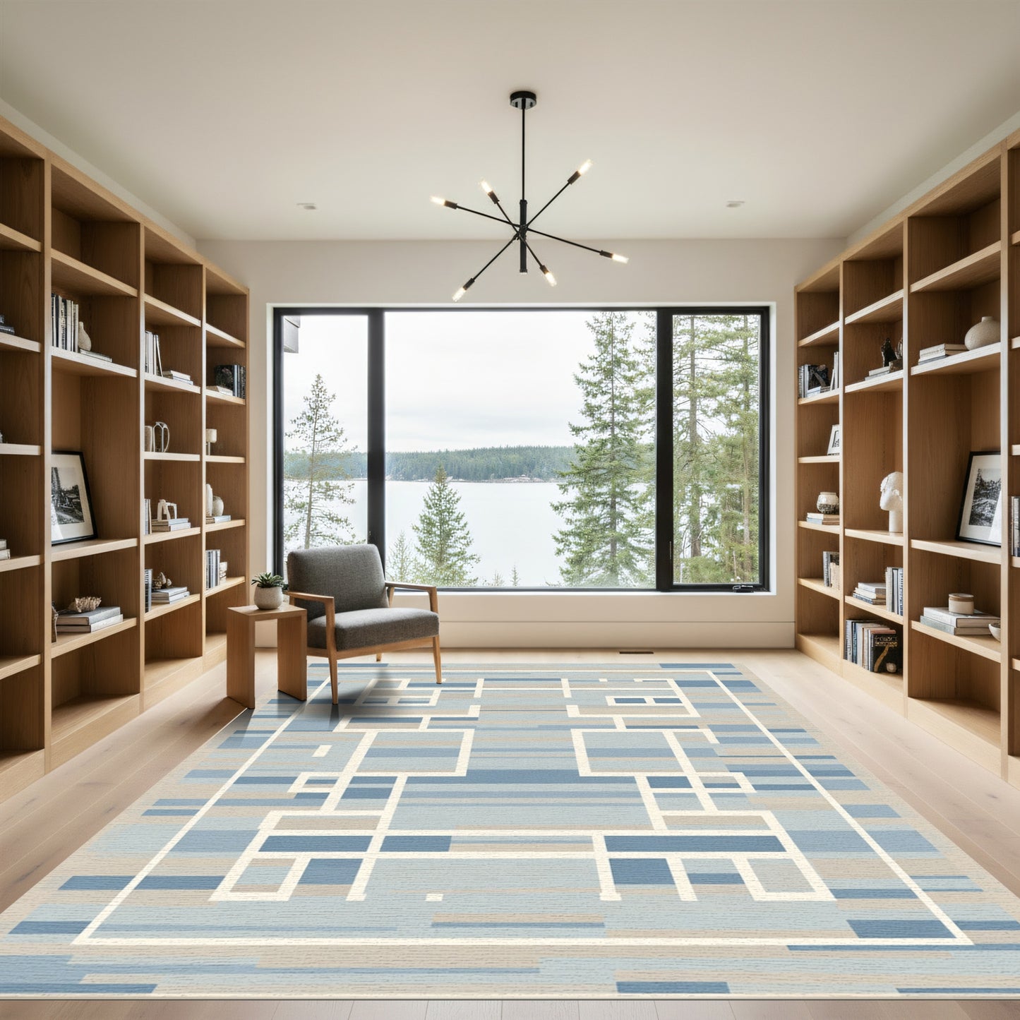 Soft Blue Linear Geometric Layout Rug