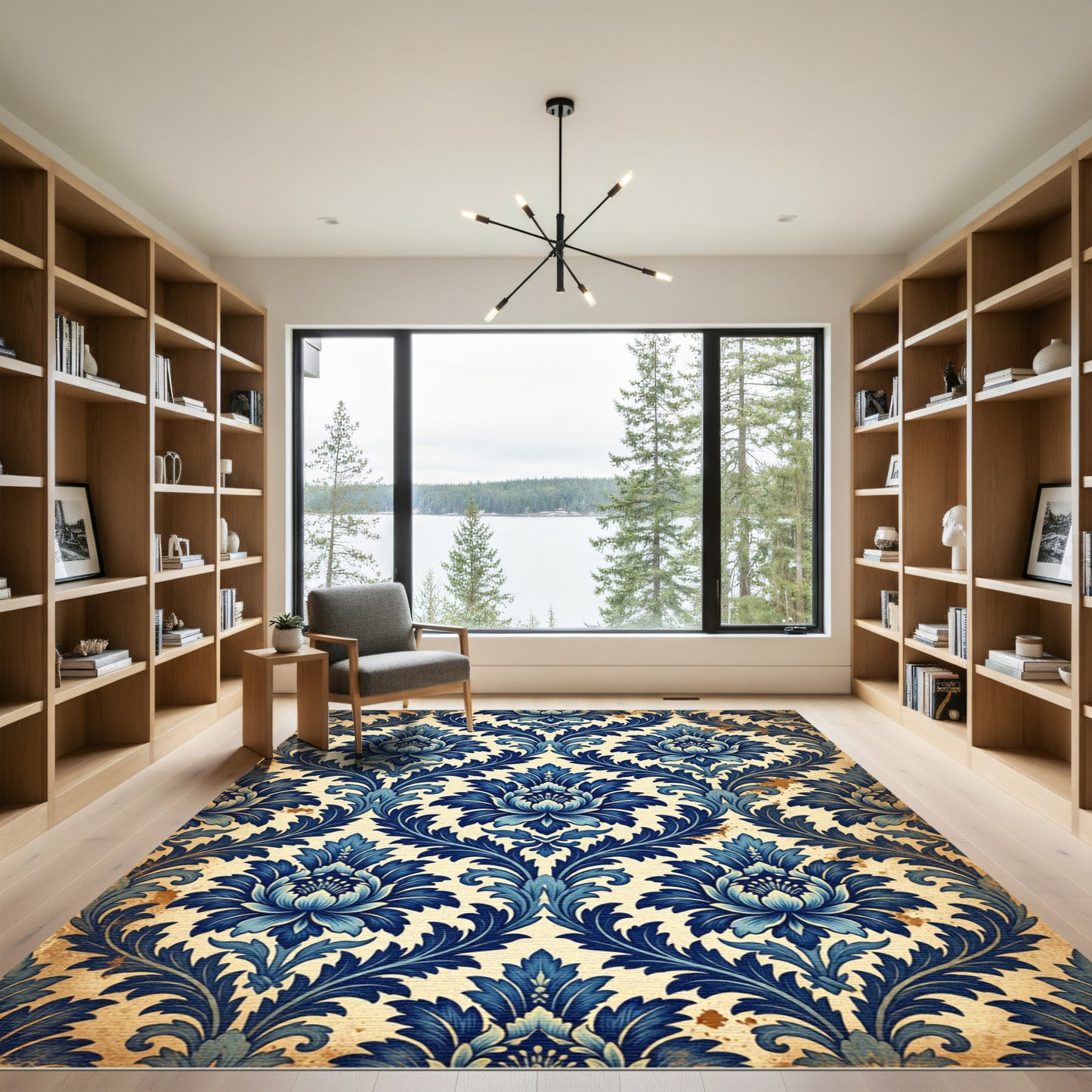 Vintage Indigo Floral Damask Scroll Rug