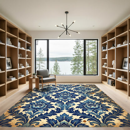 Vintage Indigo Floral Damask Scroll Rug