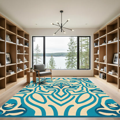 Teal Floral Scroll Cream Decorative Rug