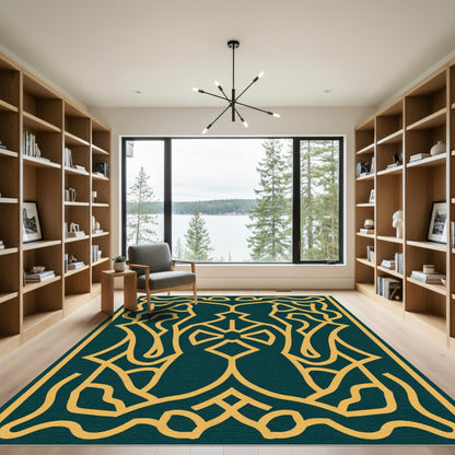 Deep Teal Yellow Abstract Symmetry Rug