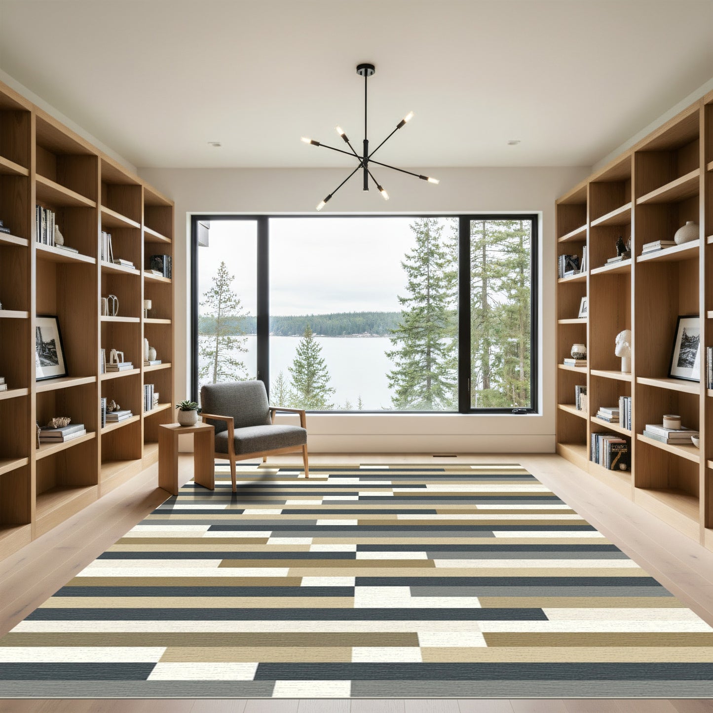 Contemporary Beige Gray Stripe Composition Rug