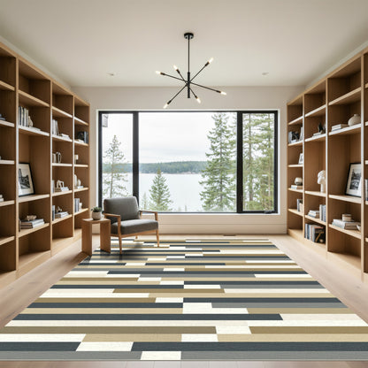 Contemporary Beige Gray Stripe Composition Rug