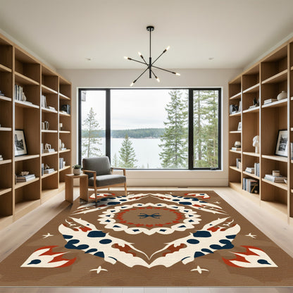 Brown Cream Red Tribal Mandala Rug