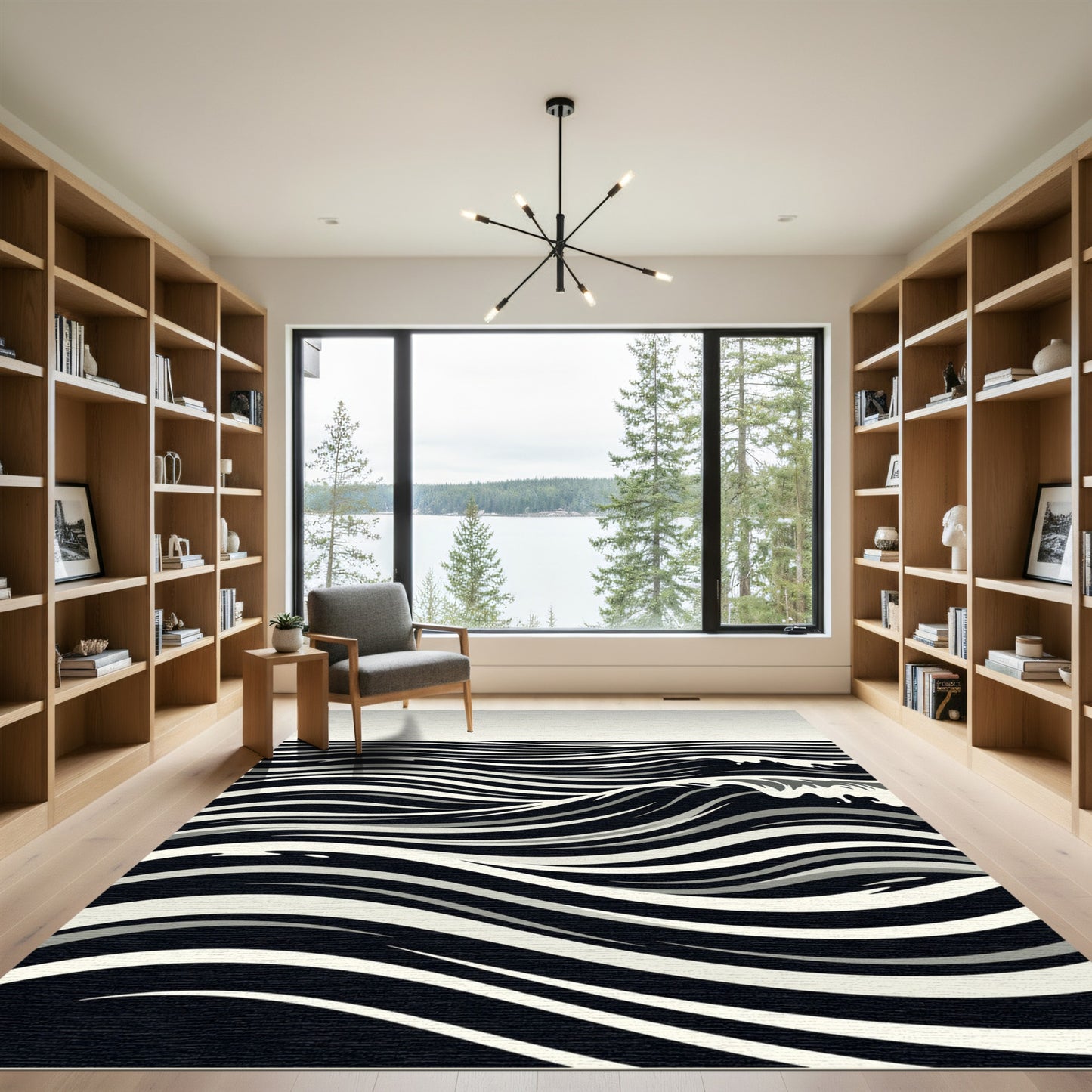 Monochromatic Black White Wave Rug