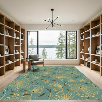 Teal Golden Outline Floral Serenity Rug