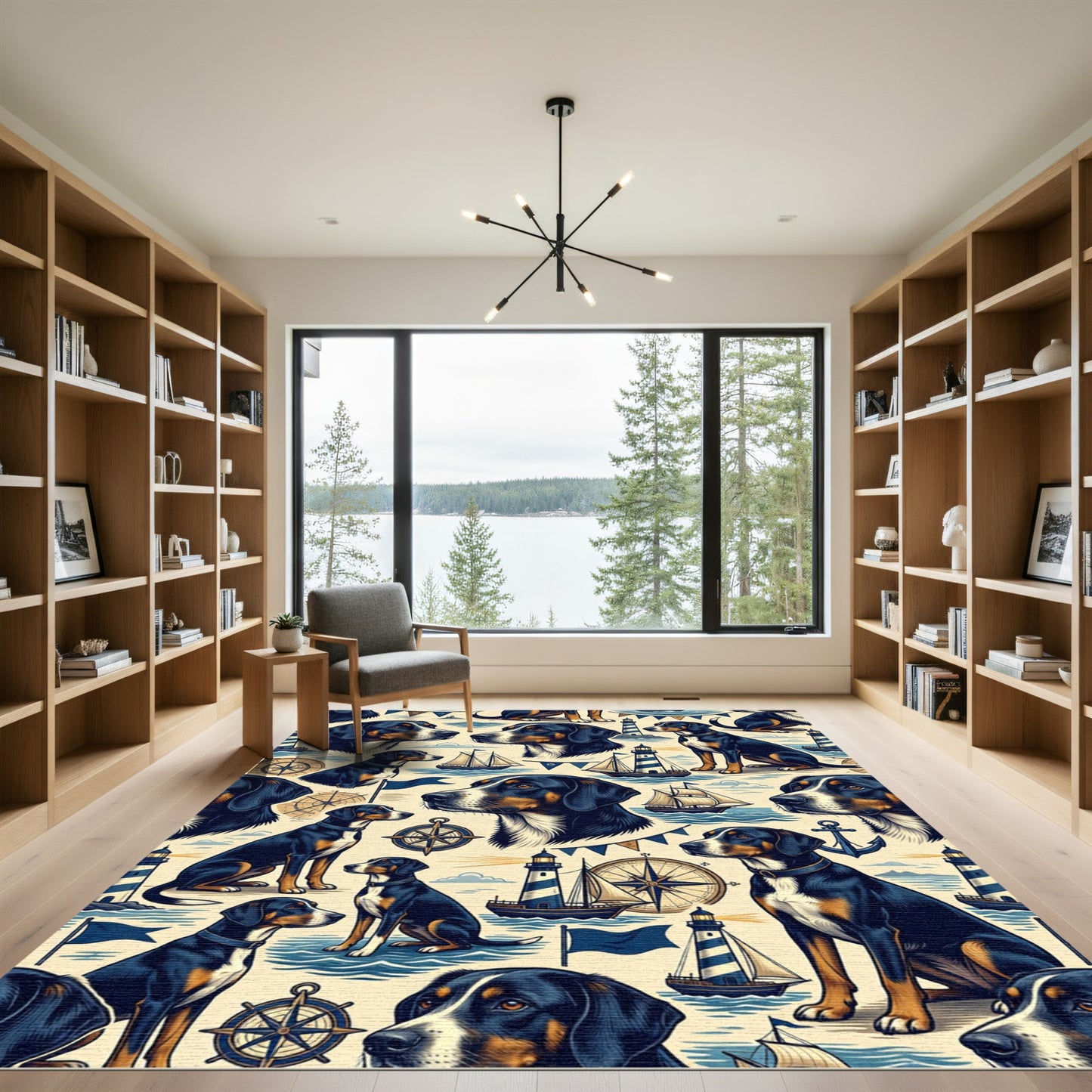 Nautical Mountain Dog and Lighthouse Illustration Rug