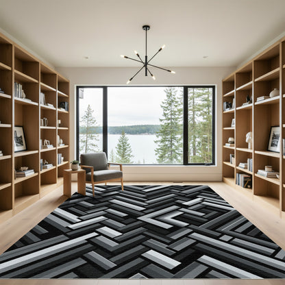 Monochrome Interlocking Geometric Lines Rug
