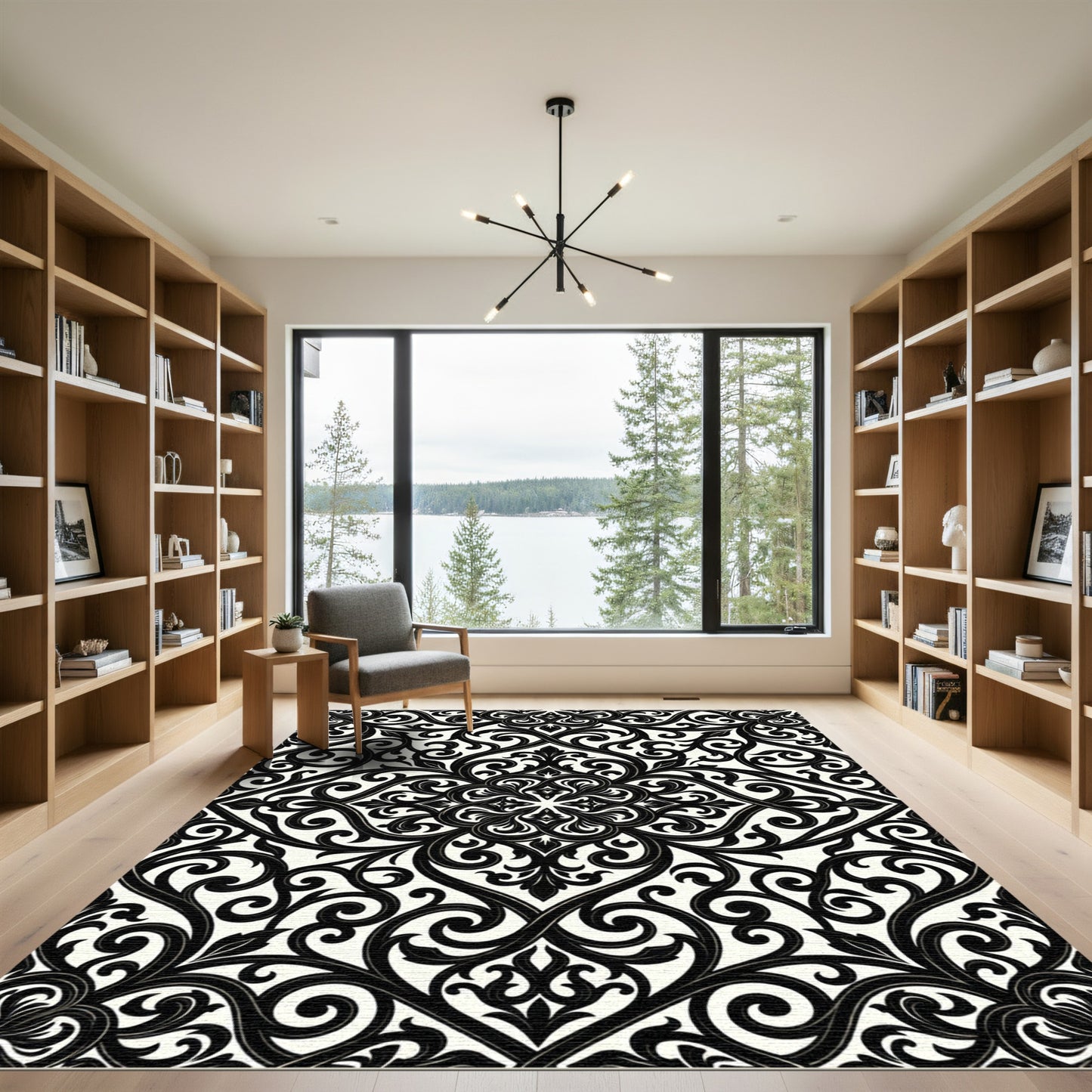Elegant Black and White Damask Scroll Rug