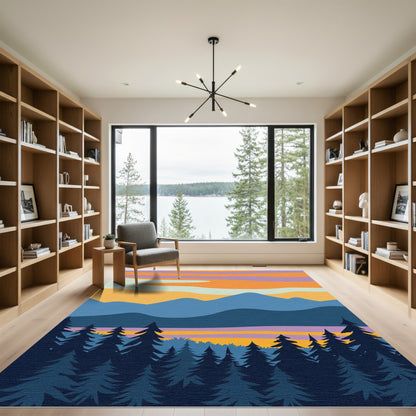 Retro Sunset Mountain Forest Layers Rug
