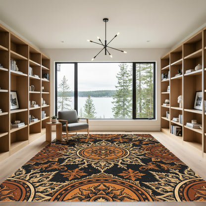 Ornate Terracotta Golden Circular Medallion Rug