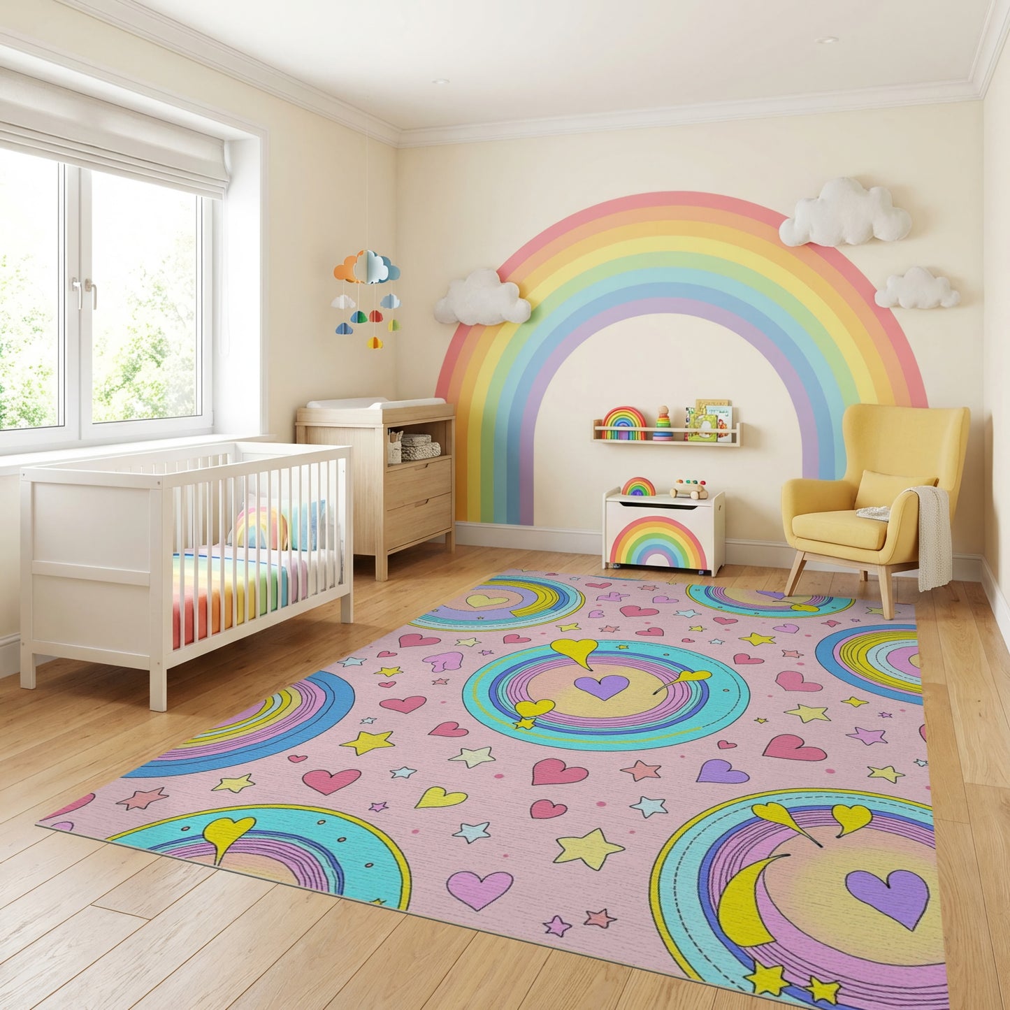 Whimsical Rainbow Hearts Stars Circles Rug