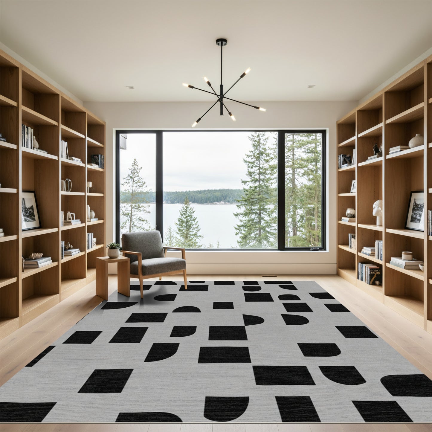 Modern Black Geometric Curves Rug