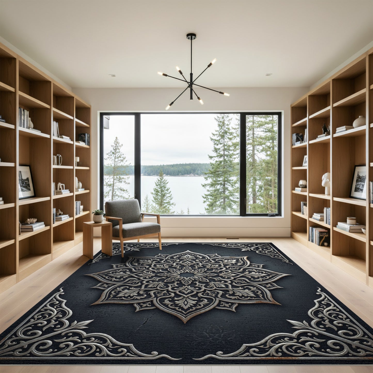 Intricate Silver Floral Ornament Rug