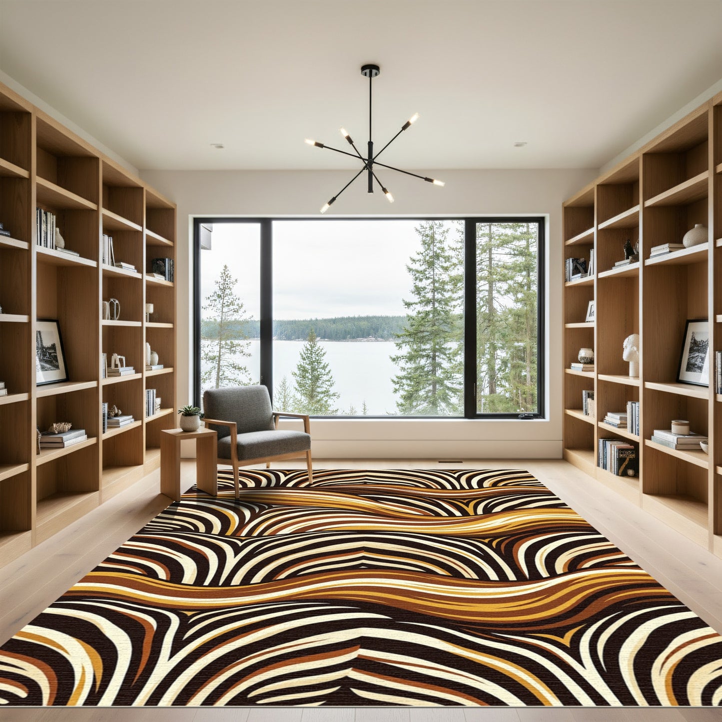 Modern Golden Brown Wavy Abstract Stripe Rug