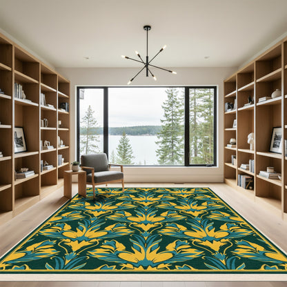 Emerald Teal Yellow Leaf Scroll Rug