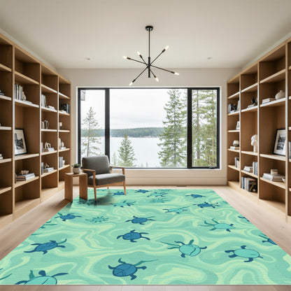 Teal Sea Turtle Swirl Composition Rug