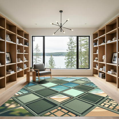 Teal Geometric Overlapping Diamond Coastal View Rug