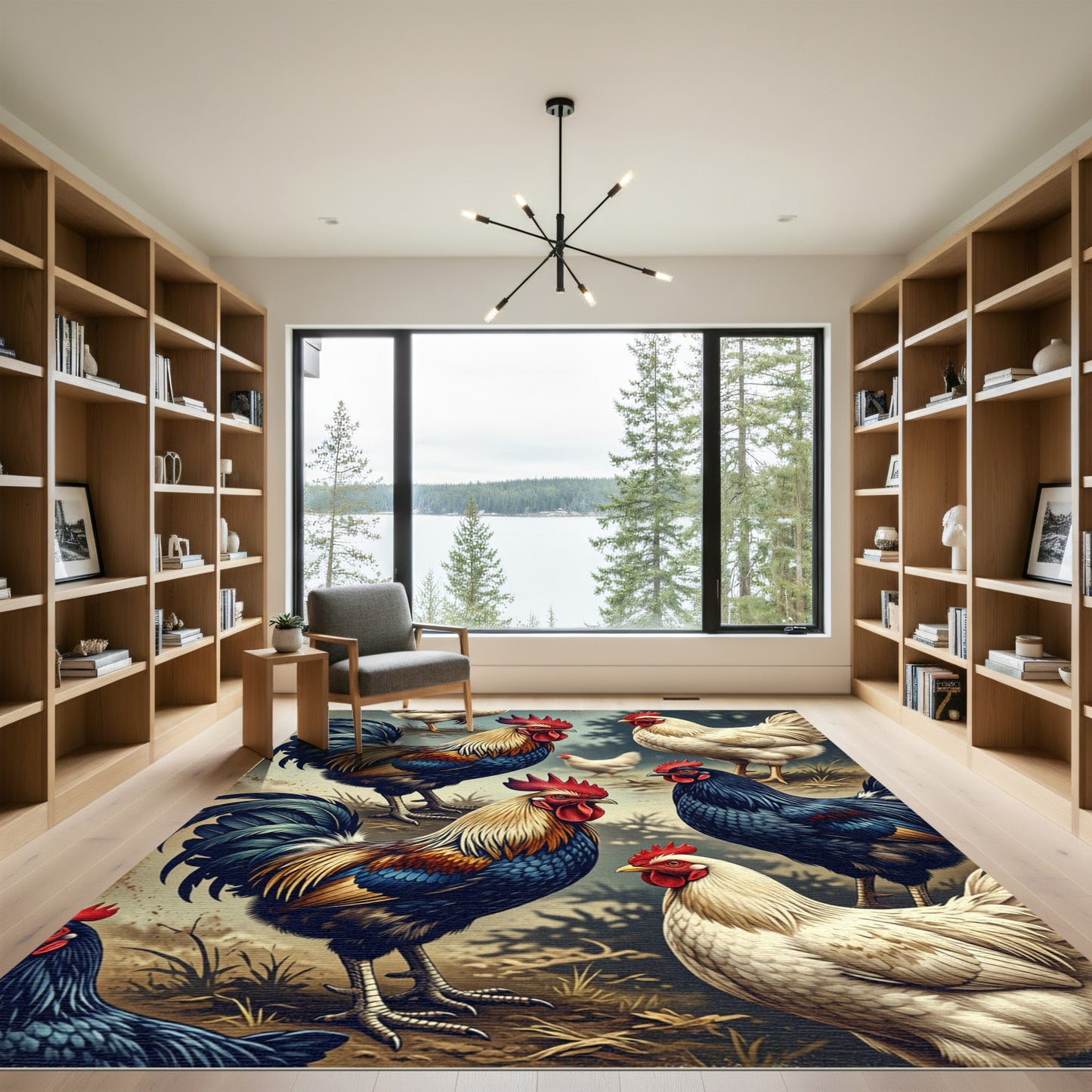 Vibrant Multicolored Farm Rooster Flock Rug