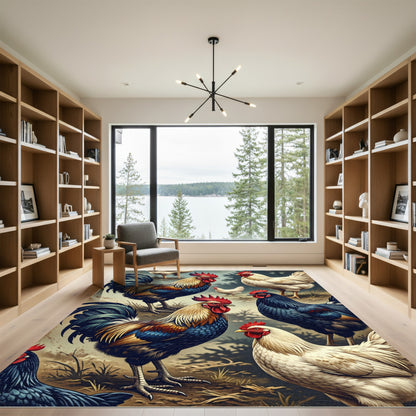Vibrant Multicolored Farm Rooster Flock Rug