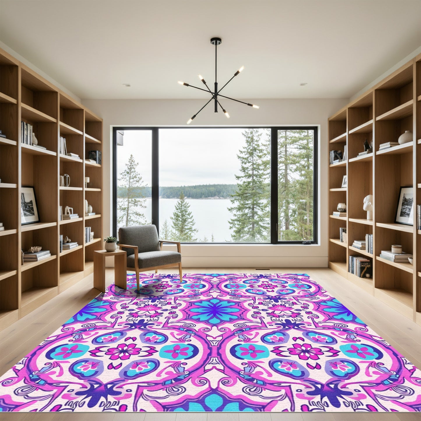 Vibrant Pink Blue Floral Medallion Composition Rug