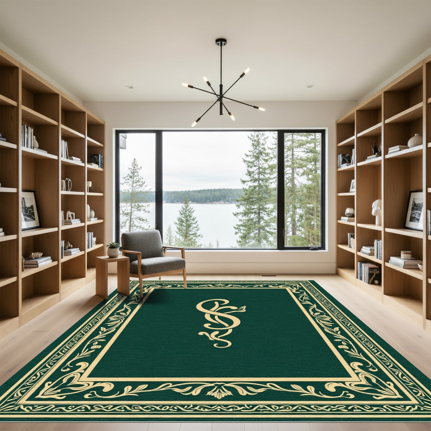 Ornate Emerald Golden Floral Frame Rug