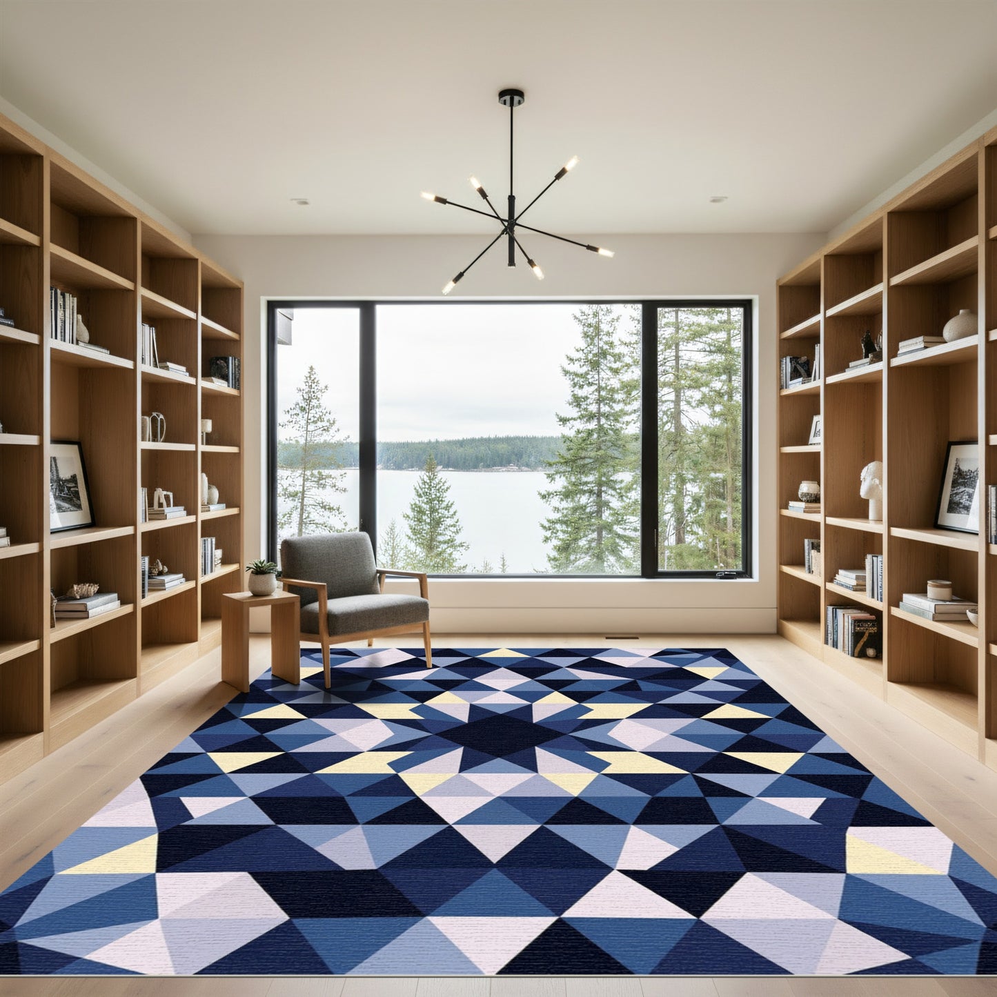 Deep Blue Geometric Triangle Art Rug